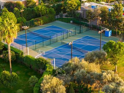 Zwei blaue Tennisplätze umgeben von grünem Garten und Bäumen in einer Hotelanlage.