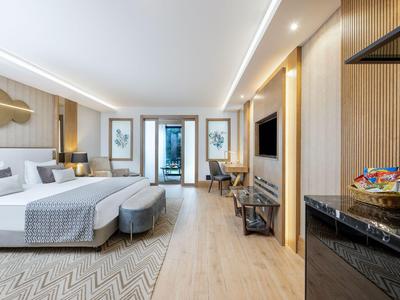 Moderne Hotelzimmer mit zwei Betten, Holzfußboden, großem Fernseher und Blick auf den Balkon.