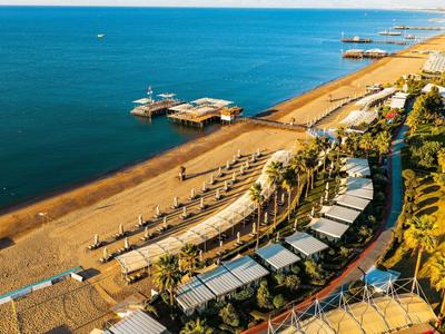 Vista aérea de una playa soleada con tumbonas, palmeras y hoteles cerca de la costa.