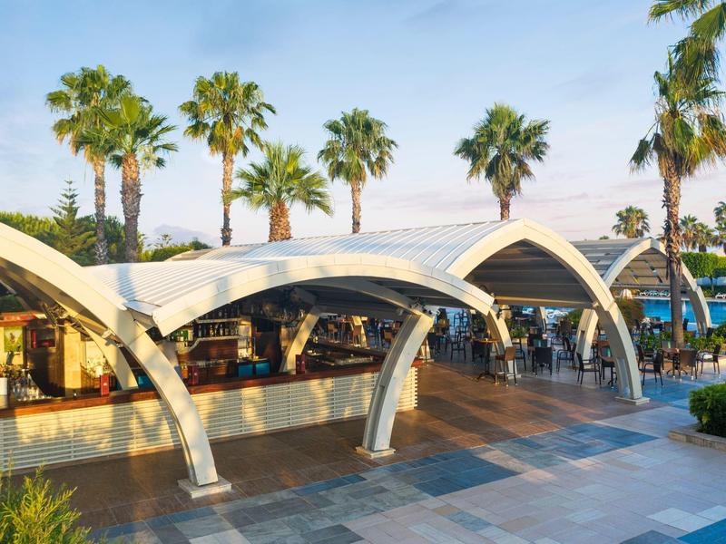 Toiture moderne sur un espace extérieur avec des palmiers en arrière-plan.