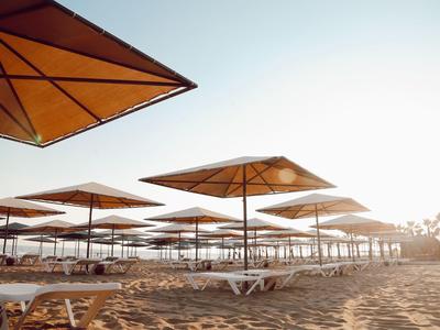 Meerdere parasols en ligstoelen op een zanderig strand bij zonsopgang.