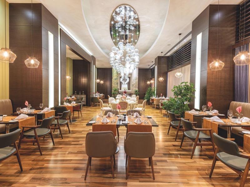 Ristorante elegante con pavimento in legno, lampadari moderni e sedute di design.