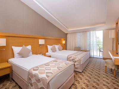 Modernes Hotelzimmer mit zwei Einzelbetten, Holzdekor und Balkon.