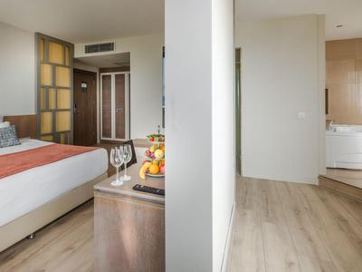Moderner Hotelraum mit Doppelbett, Holzmöbeln, Flasche Wein, Obst und angrenzendem Badezimmer mit Badewanne.