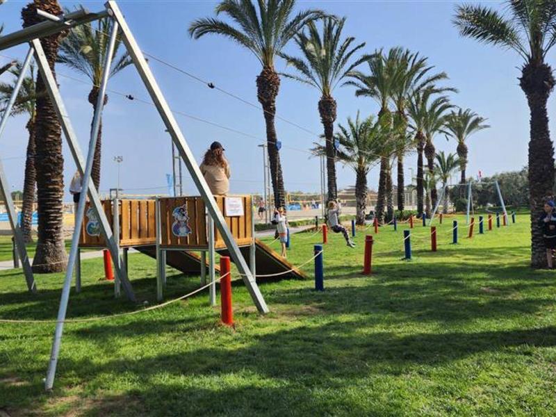 Spielplatz mit Klettergerüst, Schaukeln und Palmen, grüner Grasboden, klarer blauer Himmel.