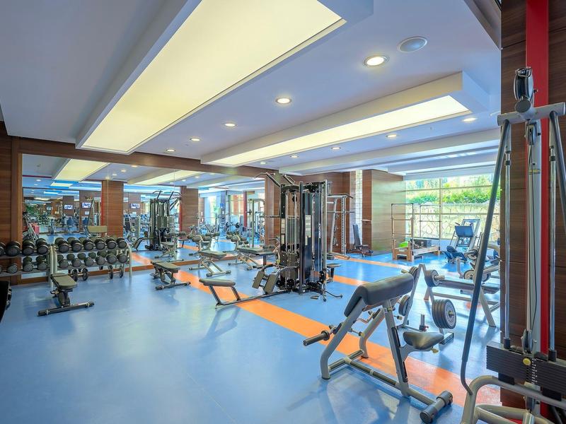 Moderner Fitnessraum mit freiem Blick nach draußen, Hanteln und vielfältigen Trainingsgeräten.