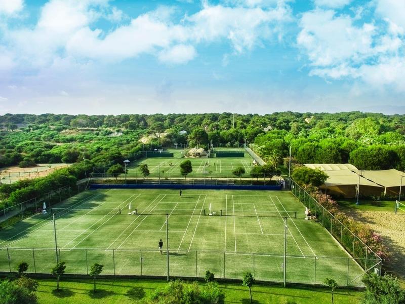 Grüner Fußballplatz mit Spielern, umgeben von Bäumen und blauem Himmel mit Wolken.