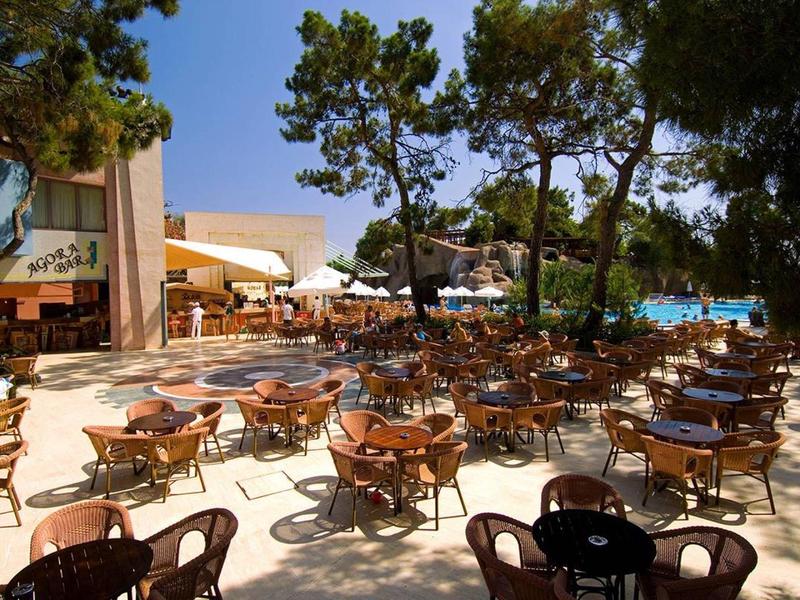 Große Außenterrasse mit vielen Tischen und Stühlen, umgeben von Bäumen und blauem Himmel.