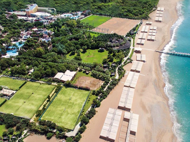 Luftaufnahme eines Strandes mit Sandliegen, blauem Meer und grüner Vegetation im Hintergrund.
