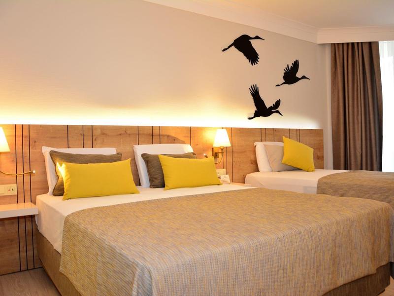 Camera d'albergo con due letti, cuscini gialli e decorazione murale di uccelli vicino alle tende.