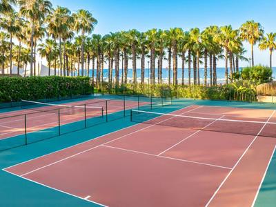 Tennisplatz mit roten und grünen Farben, umgeben von Palmen und Blick auf das Meer.