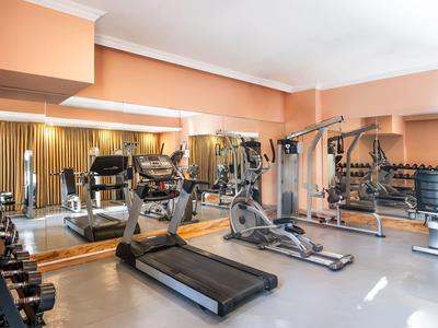 Helles Fitnessstudio mit Laufband, Ellipsentrainer, Hanteln und Kraftgeräten vor Wandspiegel.