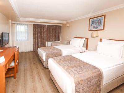 Hotelzimmer mit zwei Einzelbetten, Holzschreibtisch, Fernseher und braunen Vorhängen.