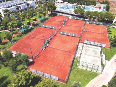 Luftaufnahme von sechs Tennisplätzen mit rotem Sand, umgeben von grünen Bäumen und Wegen.