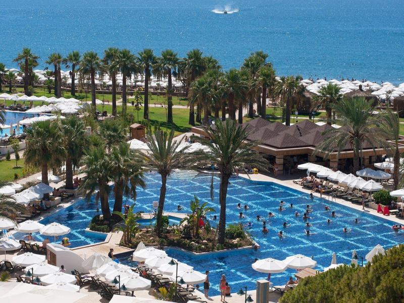 Hotel pool with palm trees and white umbrellas by the seaside