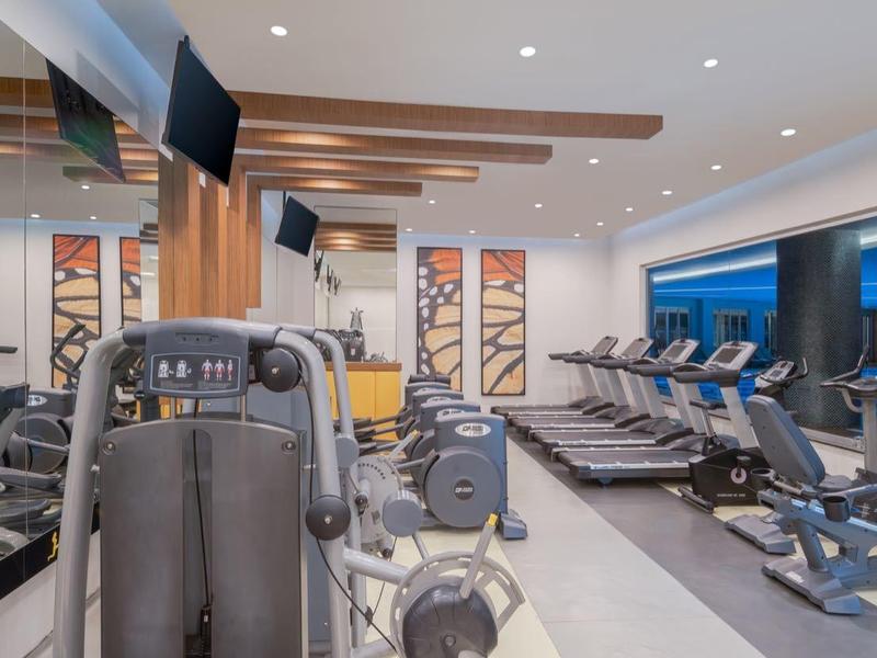 Modern gym equipment with machines and large windows overlooking the city.