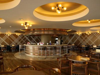 Area bar d'hotel modernamente arredata con soffitti rotondi illuminati e mobili in legno.