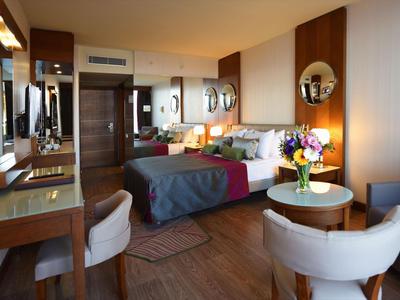 Chambre d'hôtel moderne avec lit double, bureau et coin salon.