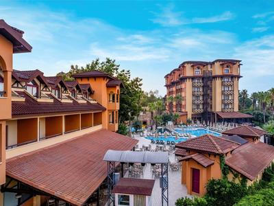 Vista di un hotel con piscina e aree circostanti sotto un cielo azzurro