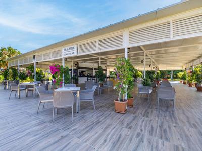 Zona exterior abierta de hotel con mesas, sillas y plantas florecientes bajo cielo azul.