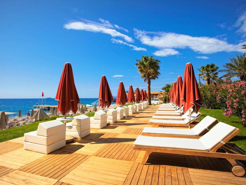 Rij van ligstoelen met rode parasols op houten terras aan zee