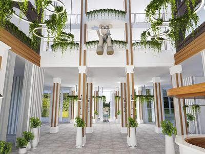 Moderner Innenhof mit weißen Säulen, hängenden Pflanzen und großer Büste an weißer Wand.