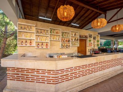 Lungo bancone del bar con scaffali pieni di bottiglie in uno spazio aperto con tetto in legno.