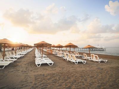 Spiaggia con file di lettini e ombrelloni all'alba.