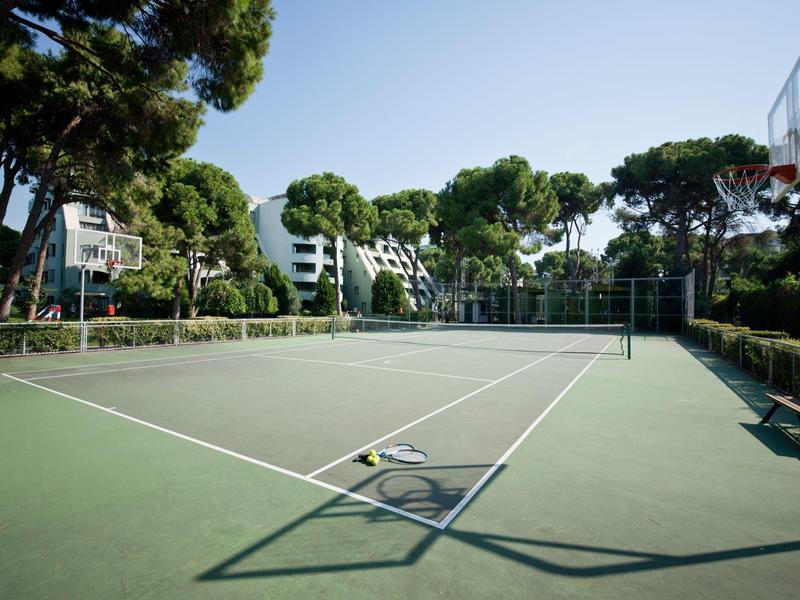 Outdoor tennis court surrounded by trees and buildings under a clear sky.