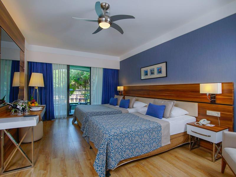 Hotel room with blue accent wall, wooden floor, double bed, desk, and balcony view.