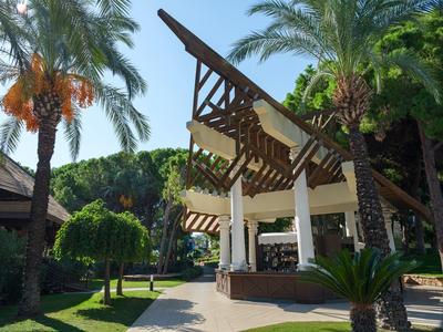 Vstup do resortu se sloupy, palmami a dřevěnou pergolou pod modrou oblohou.