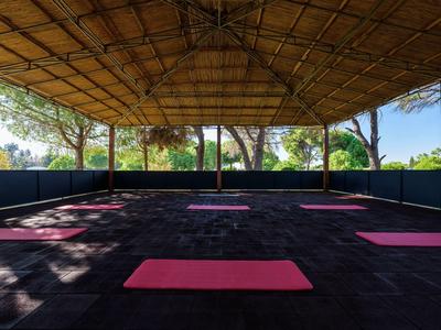 Overdekte zitruimte met donkere vloer en vijf roze matten, omgeven door bomen.