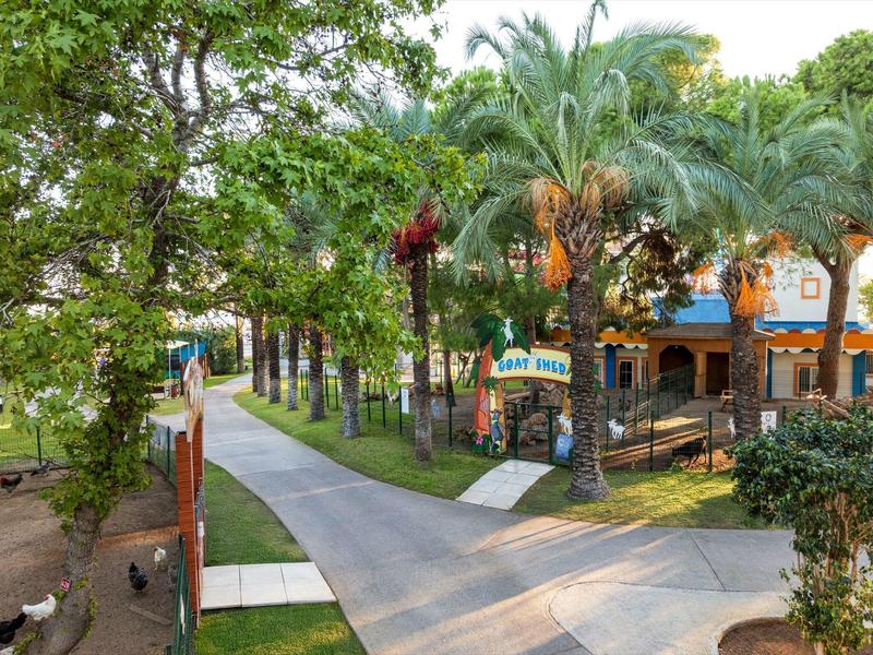 Dlážděná cesta procházející tropickou vegetací vedoucí k hotelu s barevnými detaily.