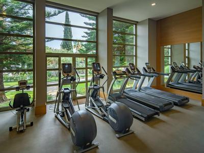 Modernes Fitnessstudio mit Laufbändern, Fahrrädern und großen Fenstern mit Blick ins Grüne.