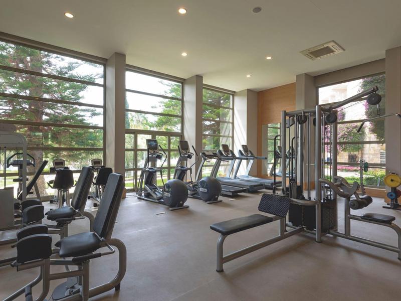 Palestra spaziosa con attrezzature moderne e grandi finestre che si affacciano sugli alberi.