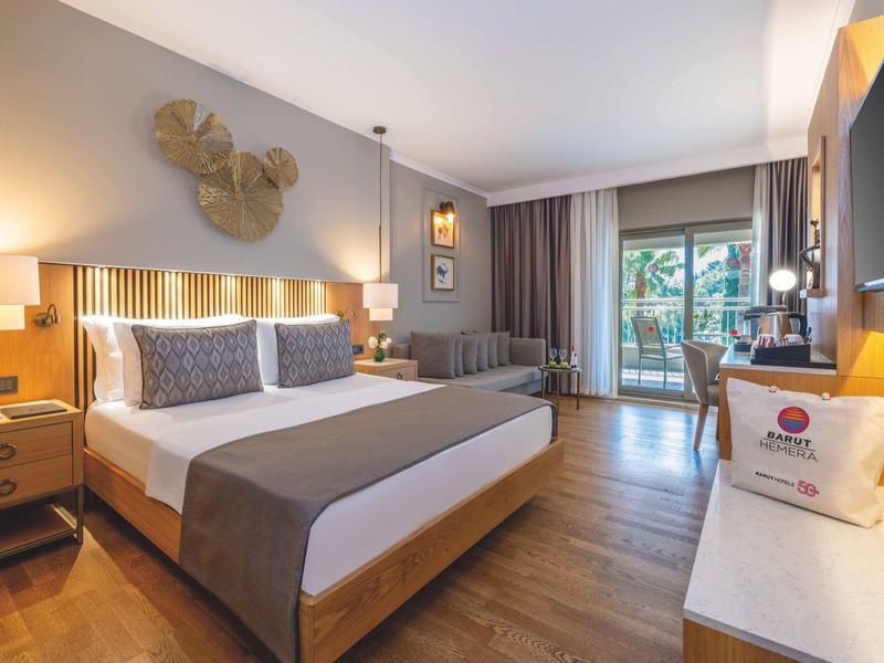 Camera d'hotel luminosa con letto matrimoniale, divano, scrivania e balcone con vista sulle palme.