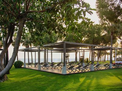 Tettoia con sdraio vicino all'acqua e alberi al tramonto.