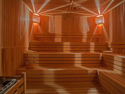 Vista interna di una sauna con panche in legno su più livelli e illuminazione soffusa.