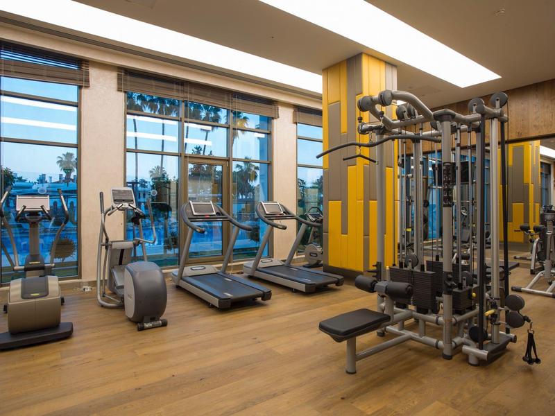 Palestra moderna con attrezzature per allenamento e grandi finestre con vista esterna.