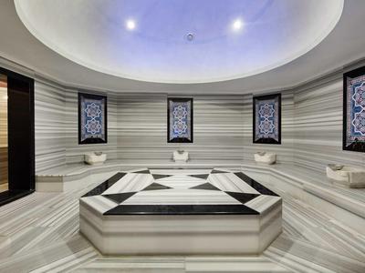 Elegant Turkish bath with marble benches and intricate wall decorations under soft lighting.