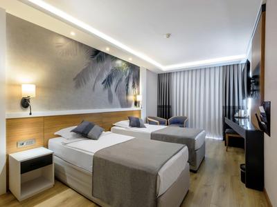 Modernes Hotelzimmer mit zwei Einzelbetten, grauer Bettwäsche und großer Wanddekoration.