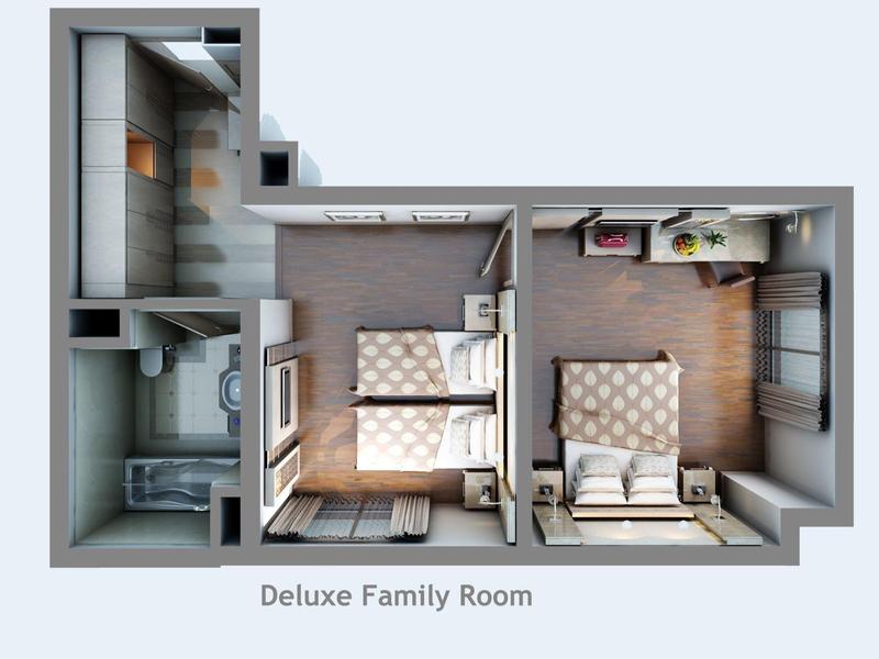 Top view of deluxe family room layout with beds, bathroom, and seating area.