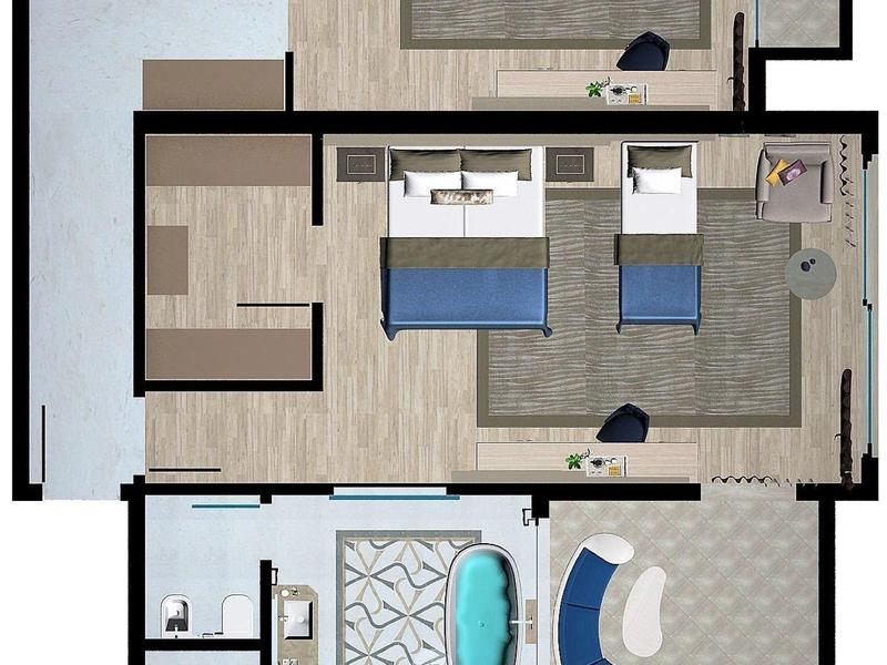 Top-down view of a spacious two-bedroom apartment with bathrooms and open living areas.