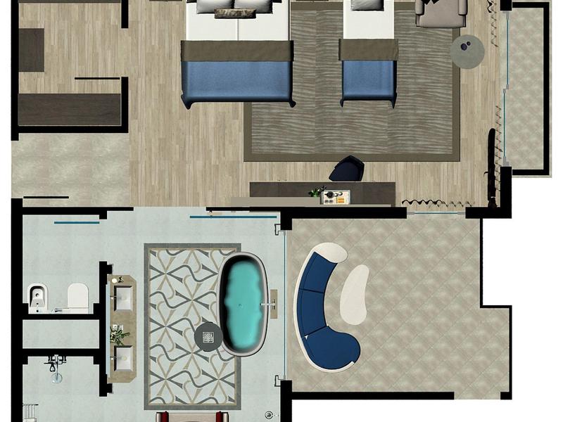 Top-down view of a hotel suite with two beds, bathroom with bathtub, and seating area.