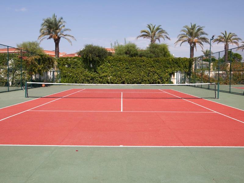 Pusty kort tenisowy z czerwoną powierzchnią i palmami w tle pod niebieskim niebem.