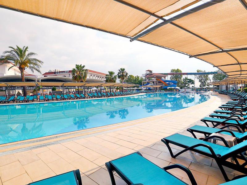Duży basen z leżakami pod markizami i palmami w tle.