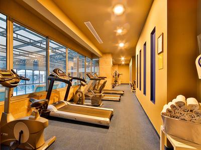 Siłownia z bieżniami i sprzętem do ćwiczeń, duże okna z widokiem na zewnątrz