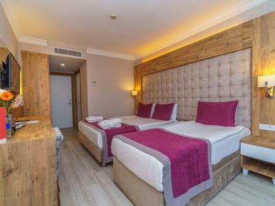 Camera d'hotel moderna con due letti singoli, accenti in legno e tessuti viola