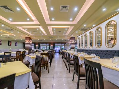 Weitläufiger Restaurantraum mit gedeckten Tischen, dunklen Stühlen und beleuchteter Decke.