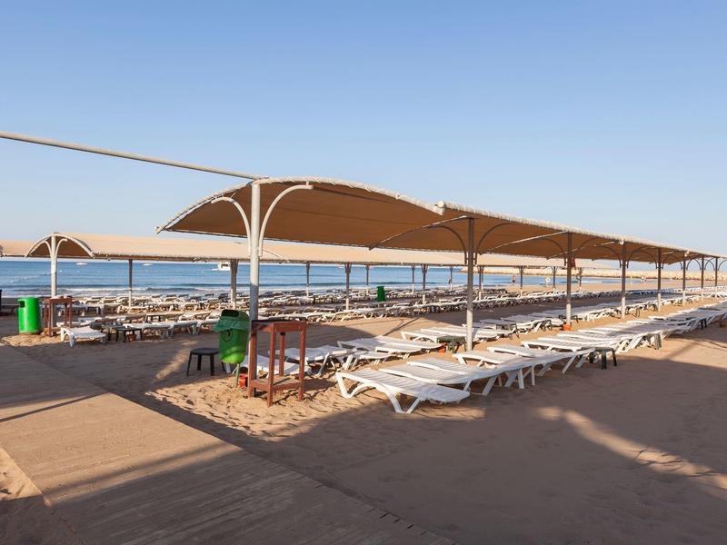 Empty sandy beach with lounge chairs and sun shades under clear sky by the sea.